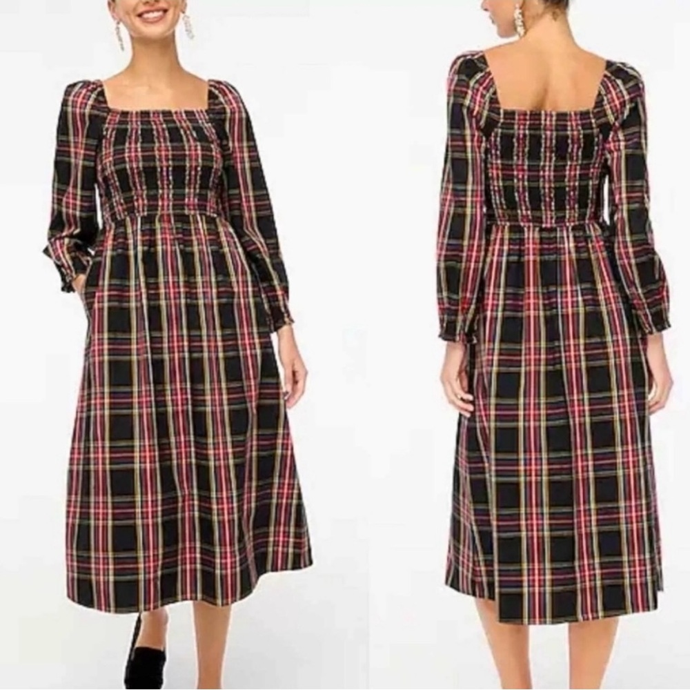 J. Crew Black Plaid Midi Dress with Red and Yellow Tartan
